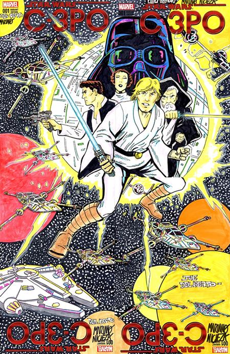 Preorder By 07/06 ~ DF MARVEL COMICS COMMISSIONED COVER ART FOUR PIECE BLANK VARIANT CONNECTING SET  SIGNED AND REMARKED BY MARIANO NICIEZA AND JOE DELBEATO WITH A CLASSIC STAR WARS #1 HOMAGE SKETCH