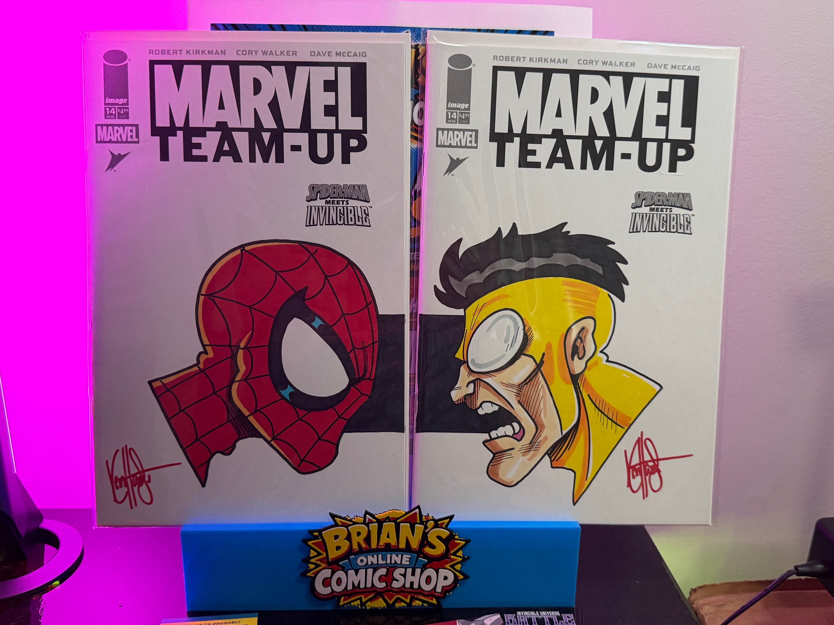 Marvel Team Up Facsimile Spider-Man & Invincible Ken Haeser Sketch And Signature